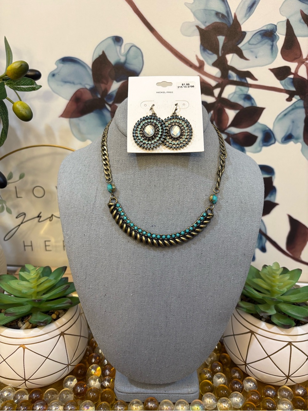 Turquoise Accent Chain Necklace with Matching Drop Earrings - Women Jewelry